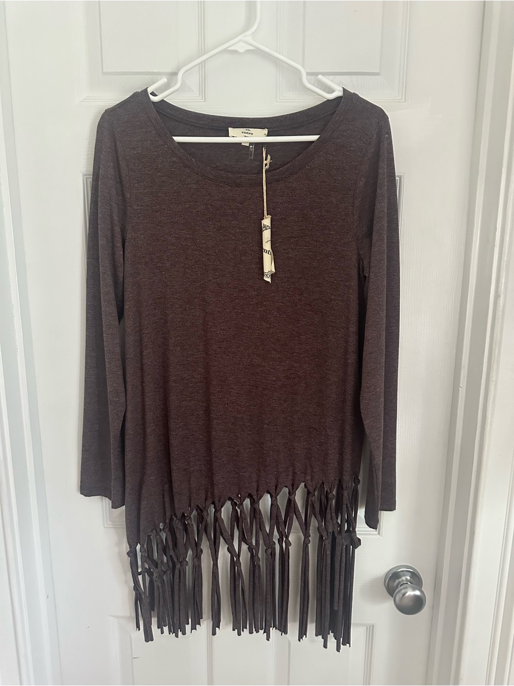 Entro Boutique Purple Brown Long-Sleeve Fringe Hem Tunic